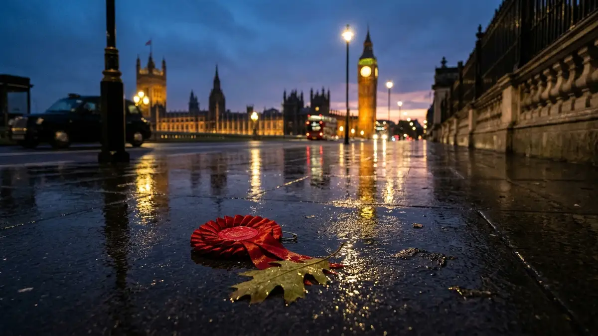 Discarded red rosette on a wet London street with Houses of Parliament in background.