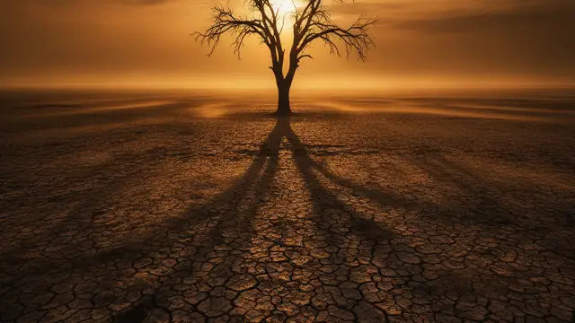 A parched tree silhouetted against a hazy, orange sunset over cracked earth.