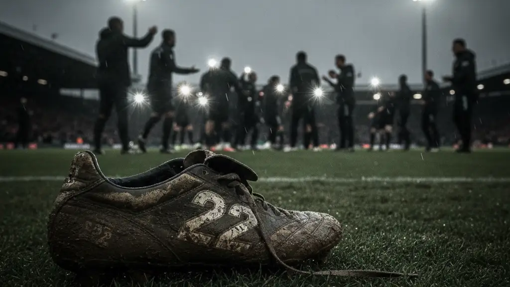 Mud-splattered football boot on a wet pitch, distant paparazzi flashes, blurred confrontation.