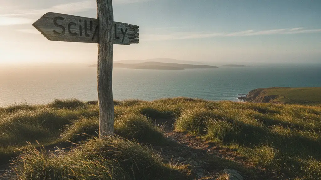 Weathered wooden signpost on a cliff pointing towards the sea.