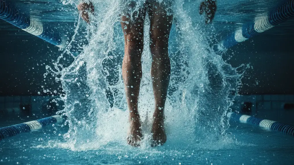 Swimmer's legs powerfully kicking through turbulent, illuminated water in a pool.