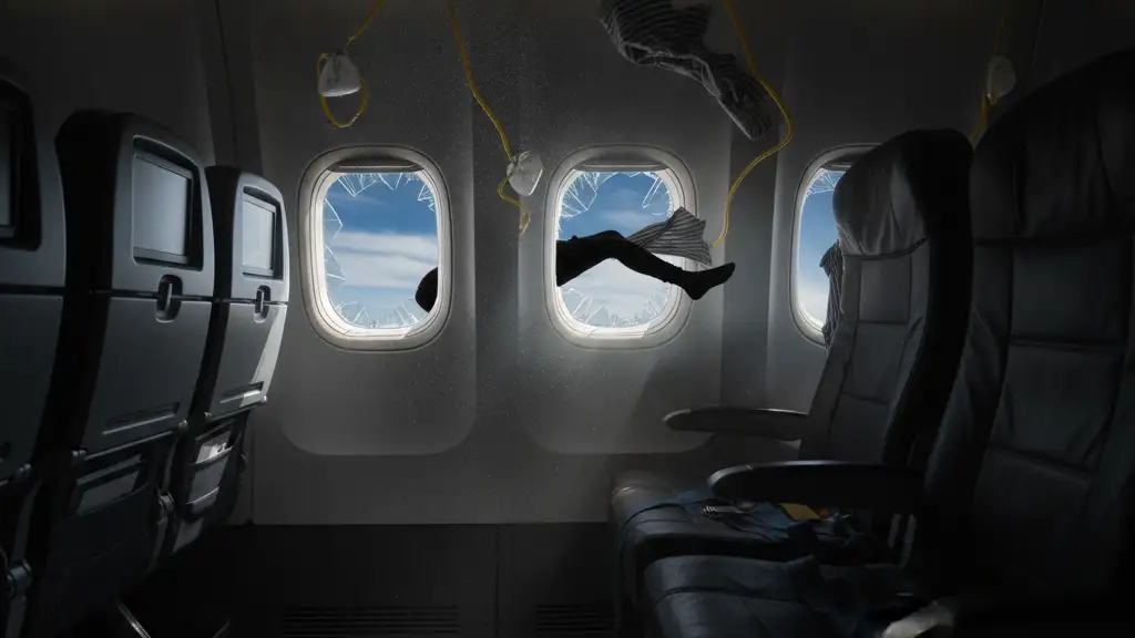 A high-fidelity, photorealistic editorial news image. STRICT RULES: NO human faces, NO identifiable people, NO named likenesses. Use symbolic representation: silhouettes, objects, props, or atmospheric scenes. Focus on environment, textures, and mood rather than people. Subject: Passenger Partially Sucked From Ryanair Jet Window at 20,000 Feet. Style: 35mm lens, cinematic lighting, 16:9 aspect ratio, no text or borders.