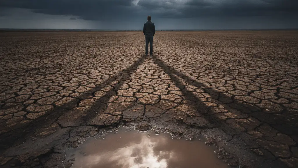 Figure views parched field under stormy sky, raindrop ripples in puddle.