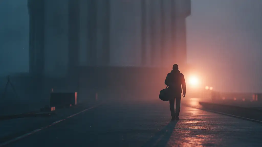 Silhouetted figure with duffel bag walks from building towards light.