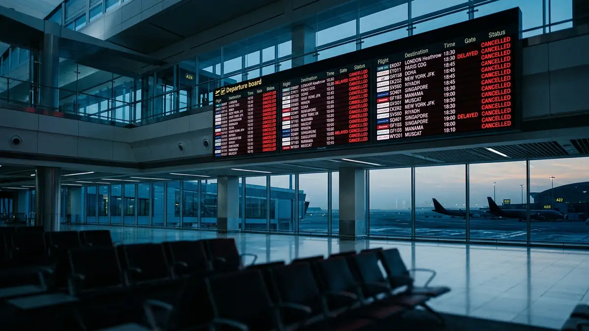An airport departure board showing multiple cancelled flights against a backdrop of an empty terminal.