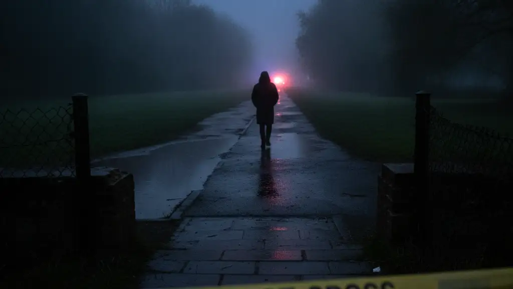 Police tape on a dark, wet footpath with distant emergency lights.