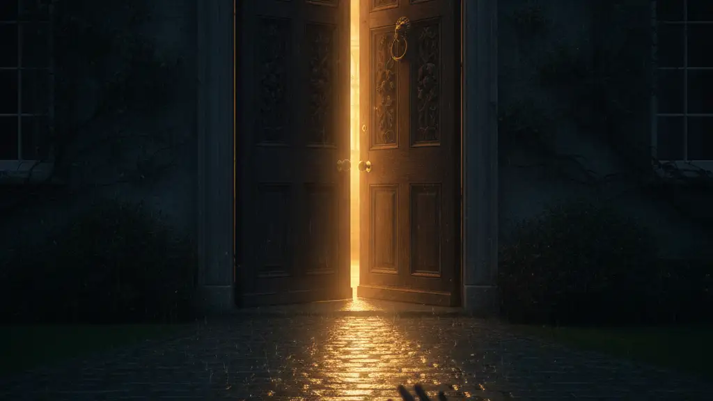 A child's hand reaches for a grand, slightly ajar door at Highgrove House.