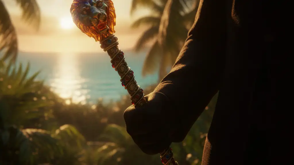 Ornate royal scepter held by a shadowed figure against a blurred tropical background.