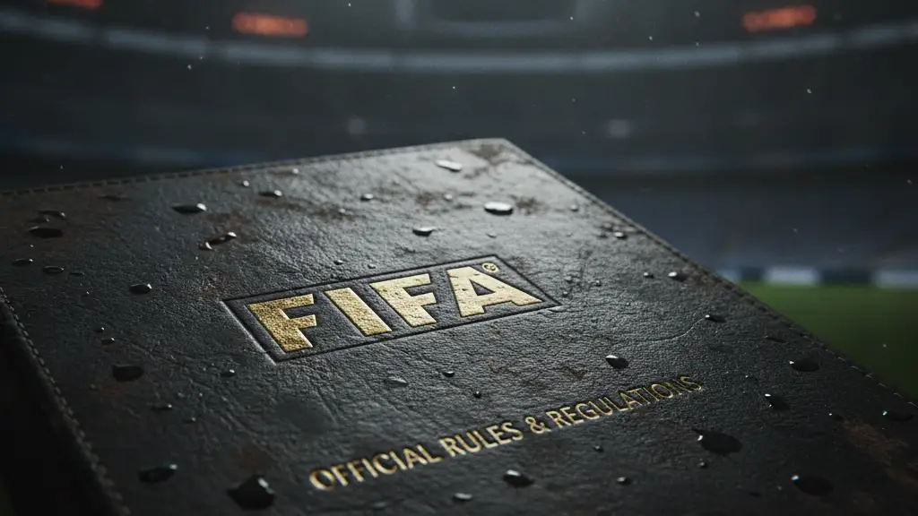 Close-up of a FIFA document with a stadium silhouette in the background.