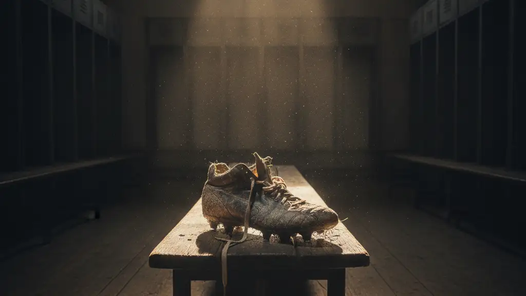 A single, worn vintage football boot on a dimly lit wooden bench.