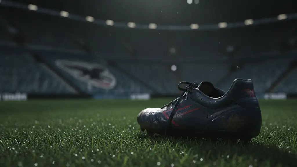 A close-up of a football boot on a pitch under dramatic stadium lights.