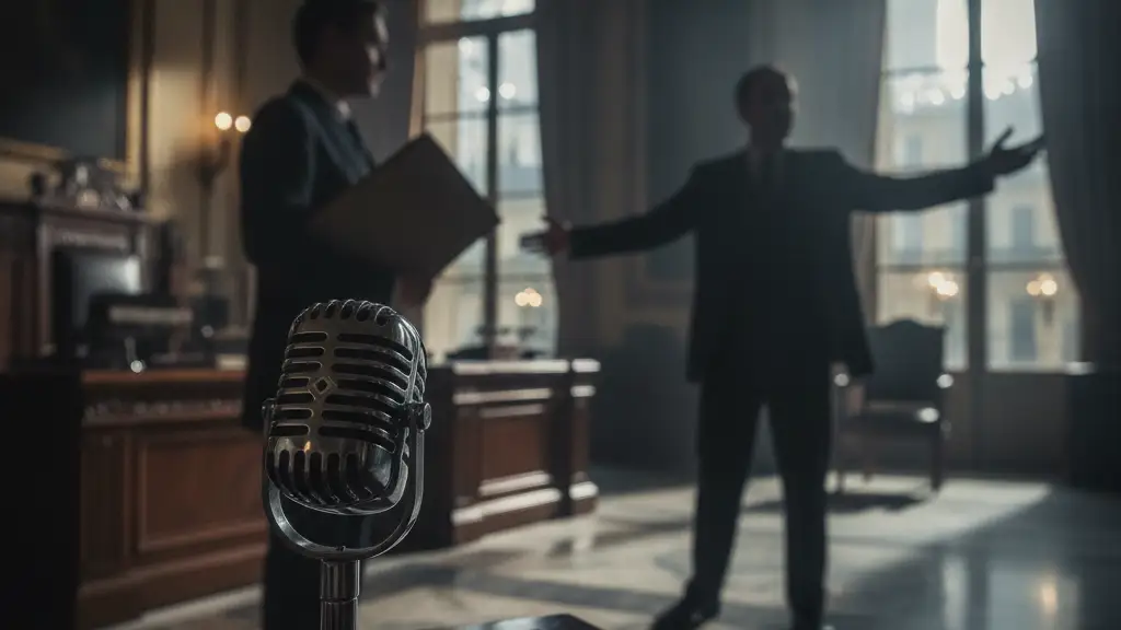 Vintage 1930s microphone in foreground, blurred silhouettes of two figures in background.