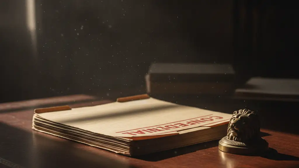 A confidential file folder on a desk, dramatically lit, suggesting a mystery.