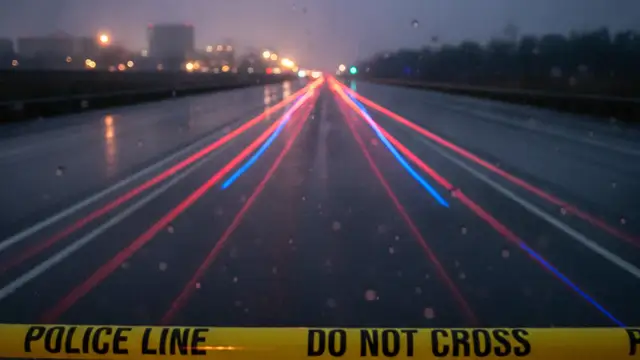 Emergency lights reflecting on a wet, empty highway with police tape in foreground.