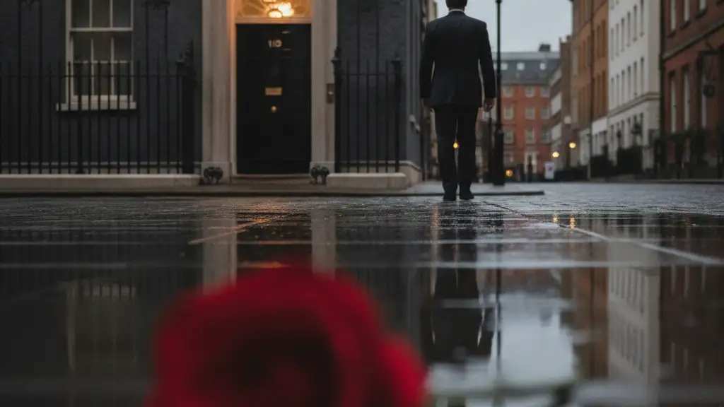 Silhouette of a man walking towards the open door of 10 Downing Street.