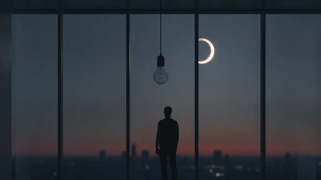 Silhouetted figure in a dim room looking at a partially eclipsed sun.