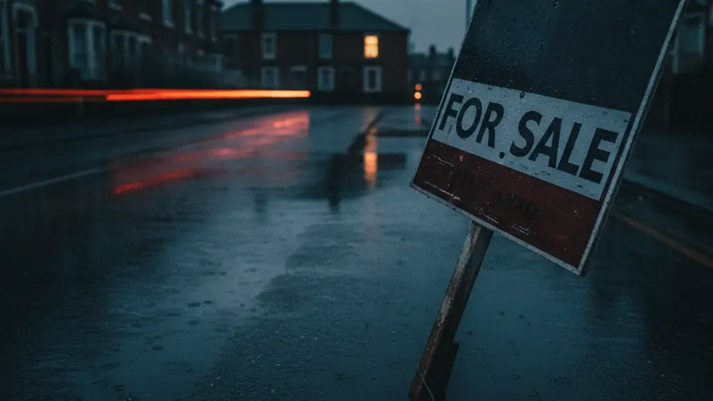 A weathered 'For Sale' sign on a rainy street with a blurred house.