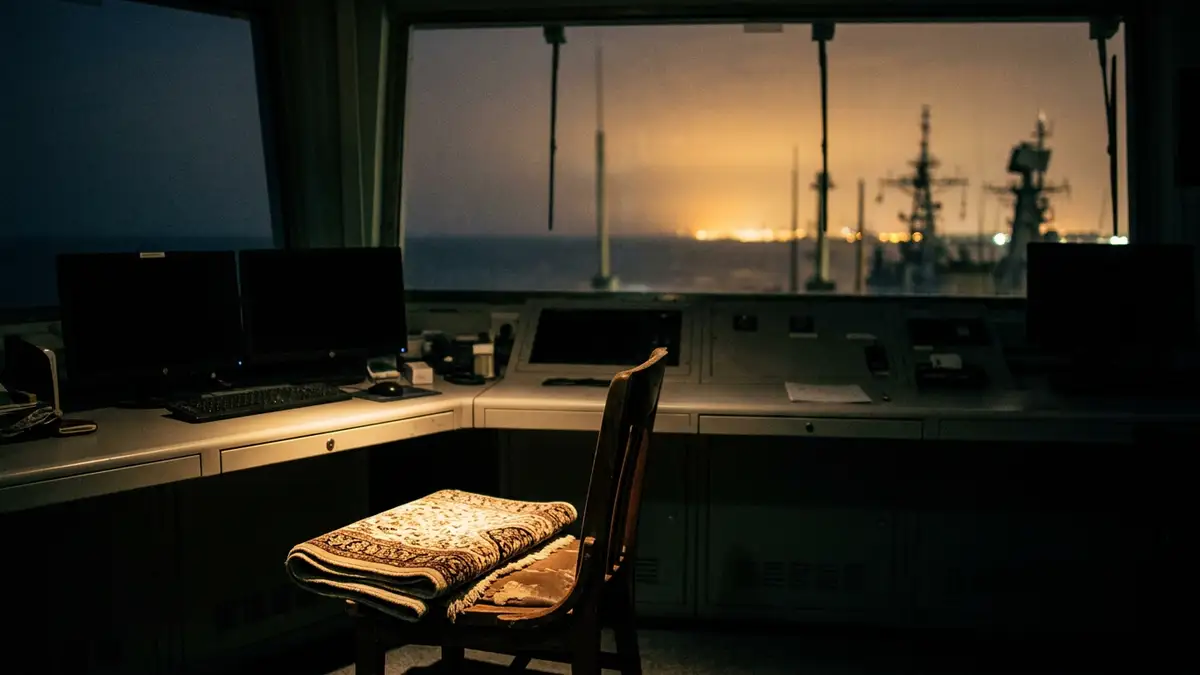 A folded prayer rug on a chair before a window overlooking a glowing night horizon.