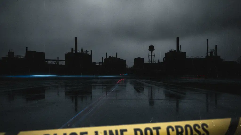 Police tape in foreground, blurred industrial building in background under dark sky.