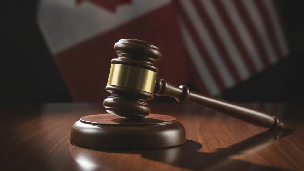 A heavy wooden gavel rests on a polished mahogany desk, flags blurred in background.