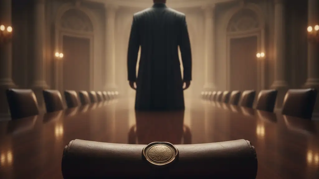 Silhouette of a figure at a grand table with a sealed document.