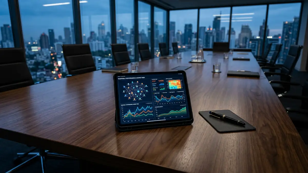 A tablet displaying data graphs on a polished boardroom table overlooking a city skyline.