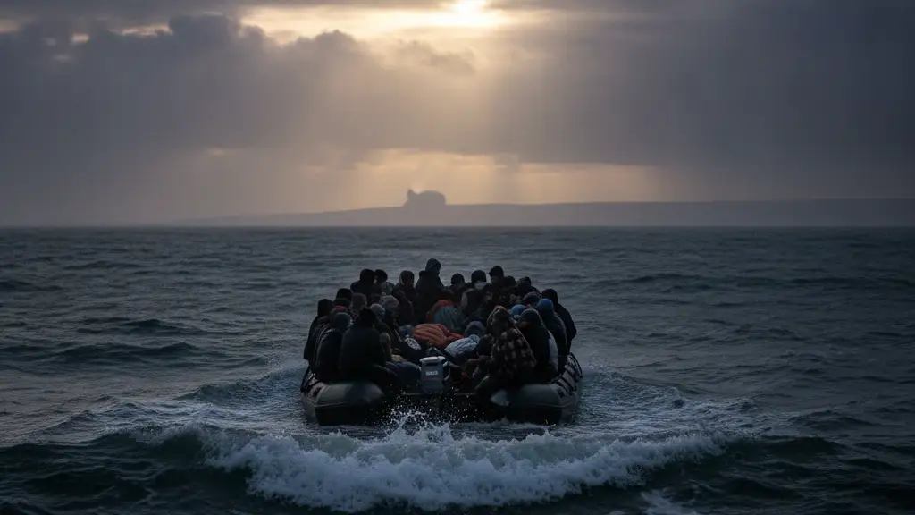 Overcrowded dinghy silhouetted against a stormy dawn sky on the English Channel.