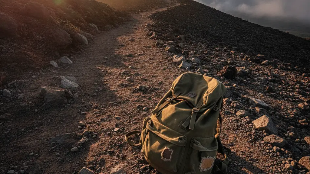 A small, worn backpack sits alone on a rocky path on Mount Fuji at sunset.