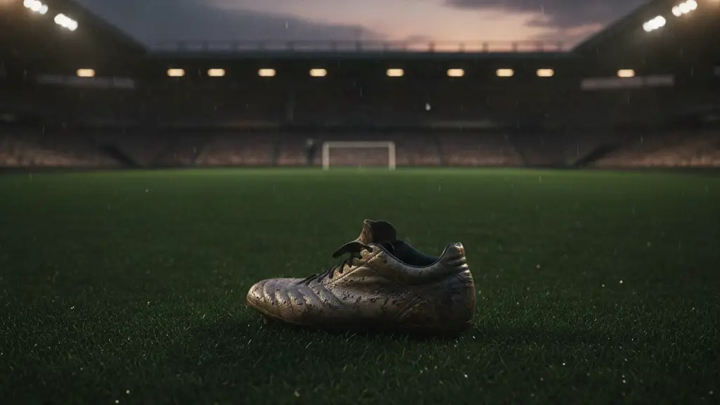 A single, mud-splattered football boot on an empty, rain-slicked football pitch at dusk.