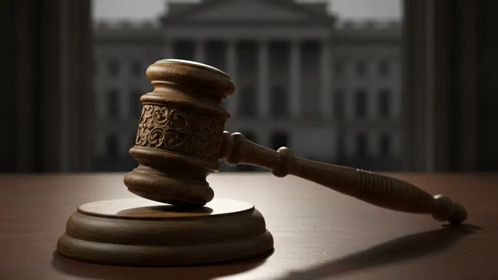 A wooden gavel on a mahogany desk, with a blurred classical building in the background.