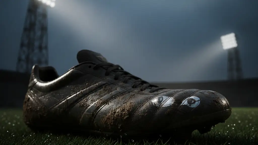 A muddy football boot on grass, stadium lights blurred in background, subtle trophy reflection.