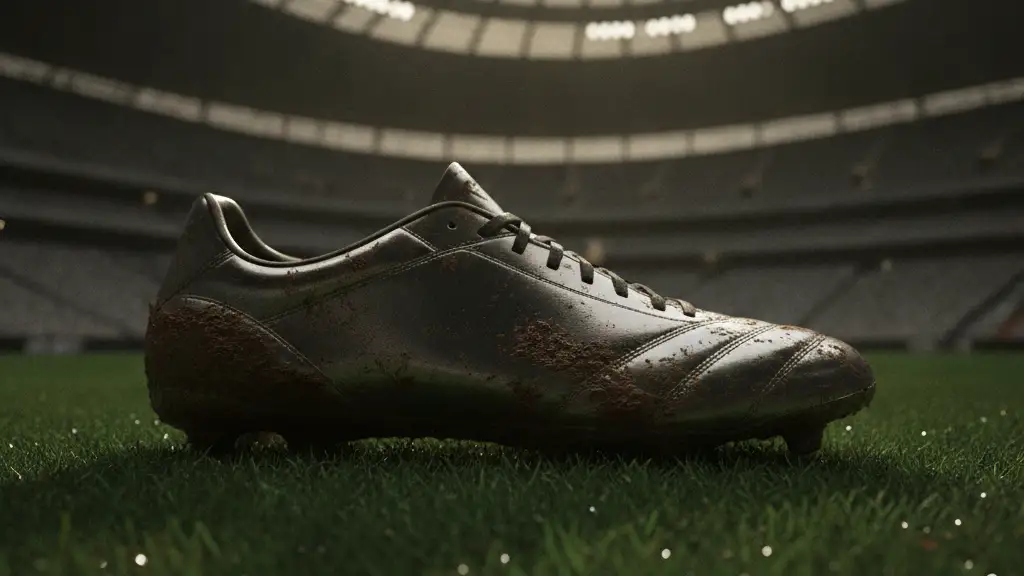 A single, mud-splattered football boot on a green pitch, stadium in background.