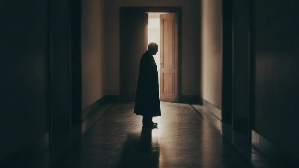 Silhouetted figure at end of long, dimly lit corridor, looking towards distant light.