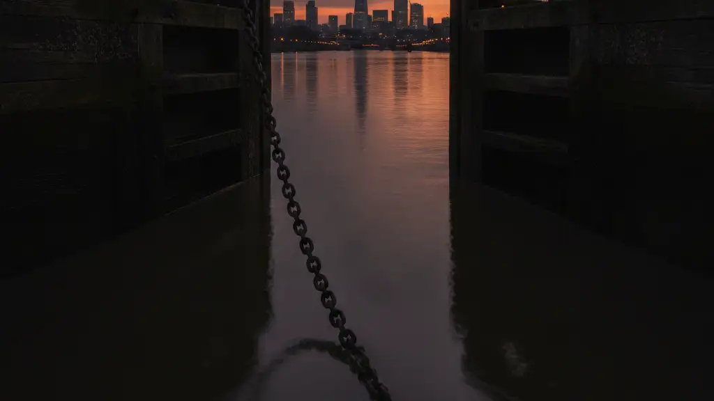 A weathered Thames lock gate at dusk, reflecting a dramatic sunset.