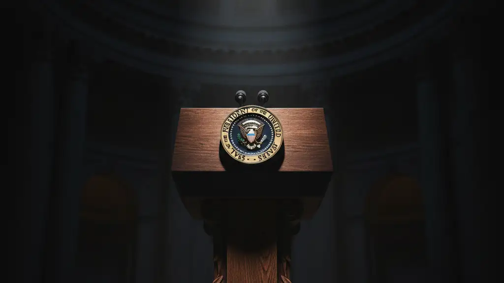 Ornate wooden podium with presidential seal under dramatic spotlight in a grand hall.