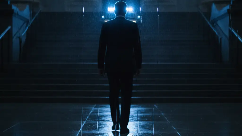 Silhouette of a man walking towards a courthouse in the rain.