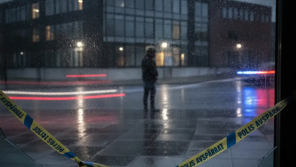 Police tape in foreground, blurred school building with emergency lights reflecting on wet ground.