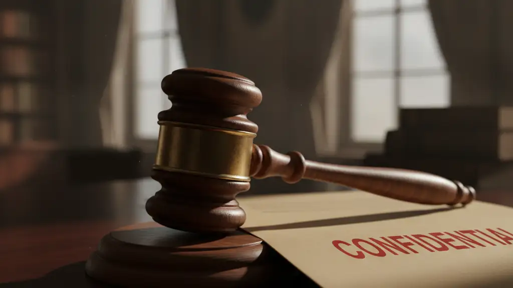 A heavy wooden gavel rests on a confidential file on a dark desk.