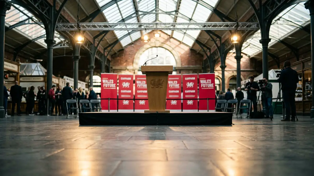 A political podium with a microphone inside Newport Market, set against blurred red campaign banners.