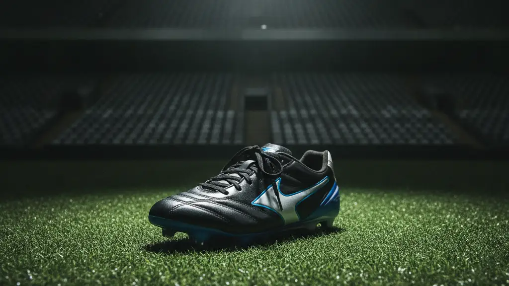 A single football boot sits on an empty, spotlighted pitch.