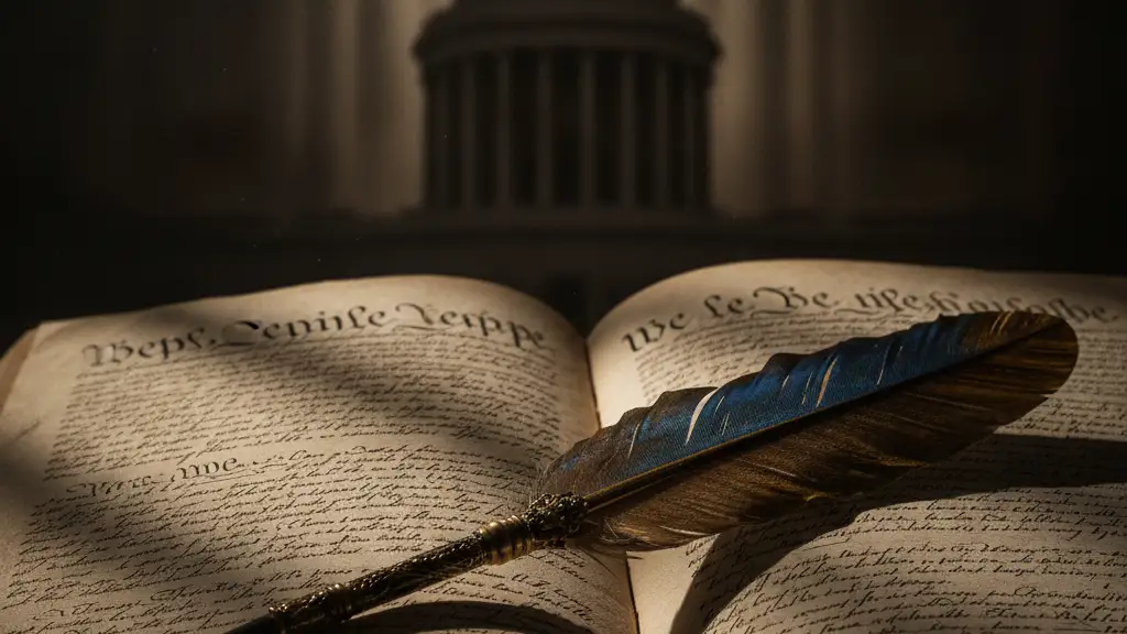 Close-up of an antique legal document with a quill pen, blurred courthouse in background.