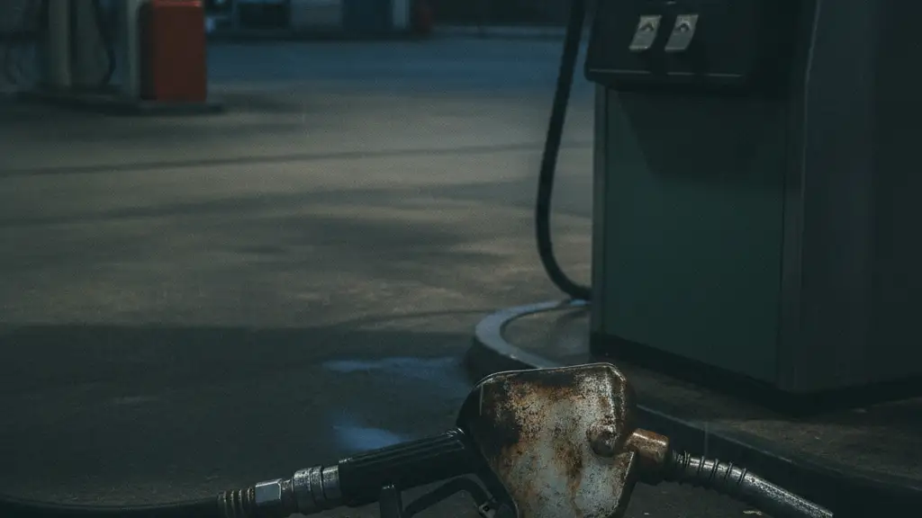 A close-up of a dark, weathered fuel pump nozzle at a deserted station.