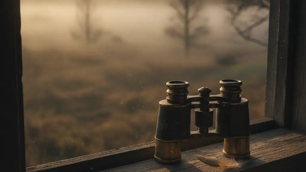 Vintage binoculars on a wooden sill, overlooking a misty natural landscape.