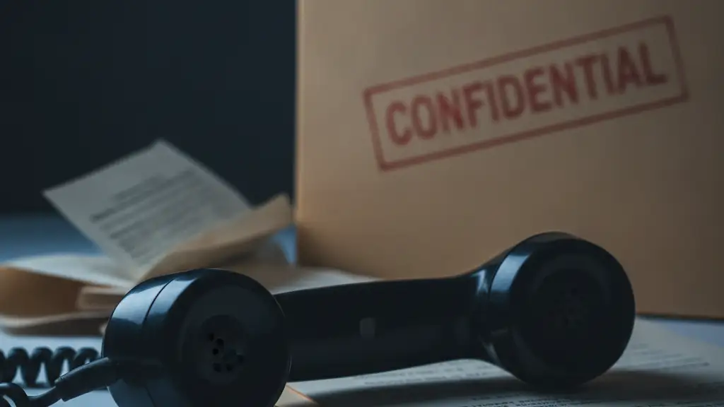 Vintage rotary phone receiver off-hook, blurred confidential documents in background.