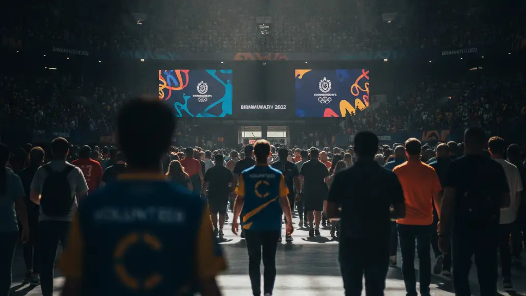 Blurred figure in volunteer uniform walking through a bustling stadium concourse.