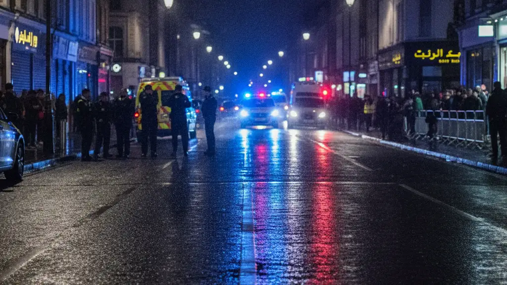 Emergency lights reflecting on wet street, blurred police and crowds in distance.