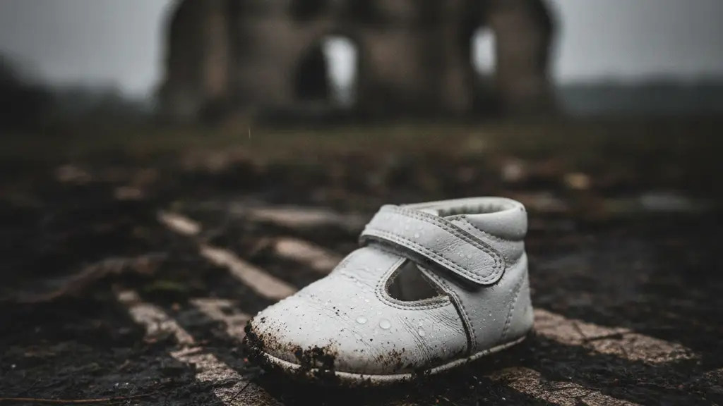 A single, muddy white baby shoe on dark earth, with a desolate building in background.