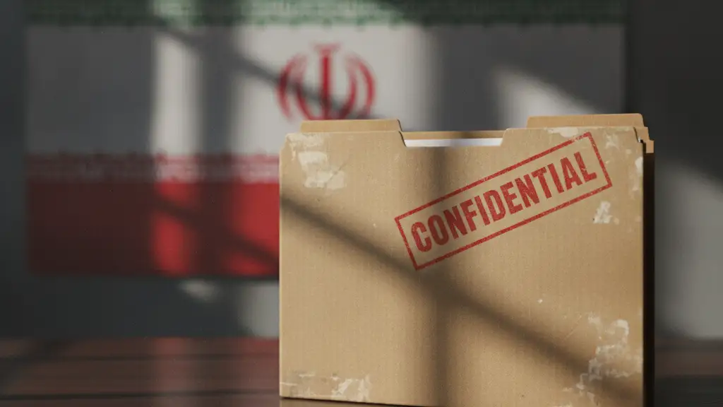 Confidential file folder on a desk with a blurred Iranian flag in the background.