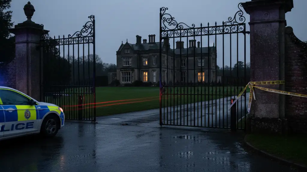 Police lights reflecting on a wet road in front of a grand estate's iron gates.