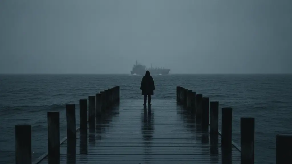 Silhouetted figure on a rainy dock looking at a distant ship on a turbulent sea.
